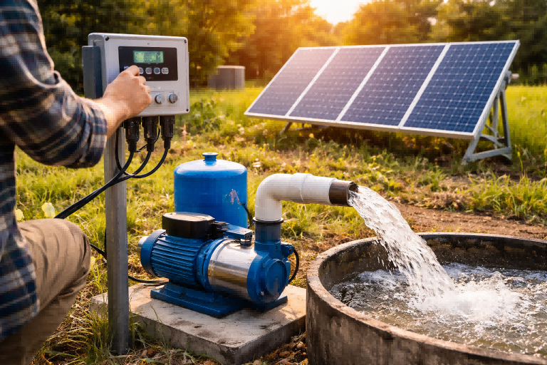 How to run a water pump with solar? A technician adjusts an intelligent solar pump controller powering a RAFSUN DC water pump in an off-grid rural setup, with solar panels supplying clean energy and water flowing into a storage tank, demonstrating a quiet, efficient, and fuel-free solar water pumping system without visible faces.