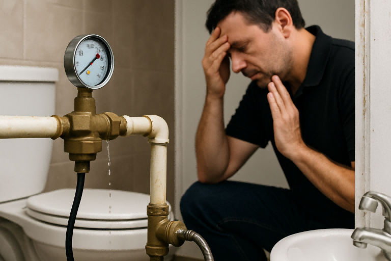 A homeowner kneels beside indoor plumbing while inspecting a leaking brass pressure regulator connected to white PVC pipes. Water drips from the fitting as the attached pressure gauge reads a high PSI level, illustrating the risks of excessive well pressure. The man holds his forehead in frustration, emphasizing the problem. This scene visually supports the question “Is 70 psi too high for water pressure on a well?” and highlights the importance of using proper well equipment such as RAFSUN pump systems and pressure protection solutions to prevent damage to pipes, fixtures, and appliances.