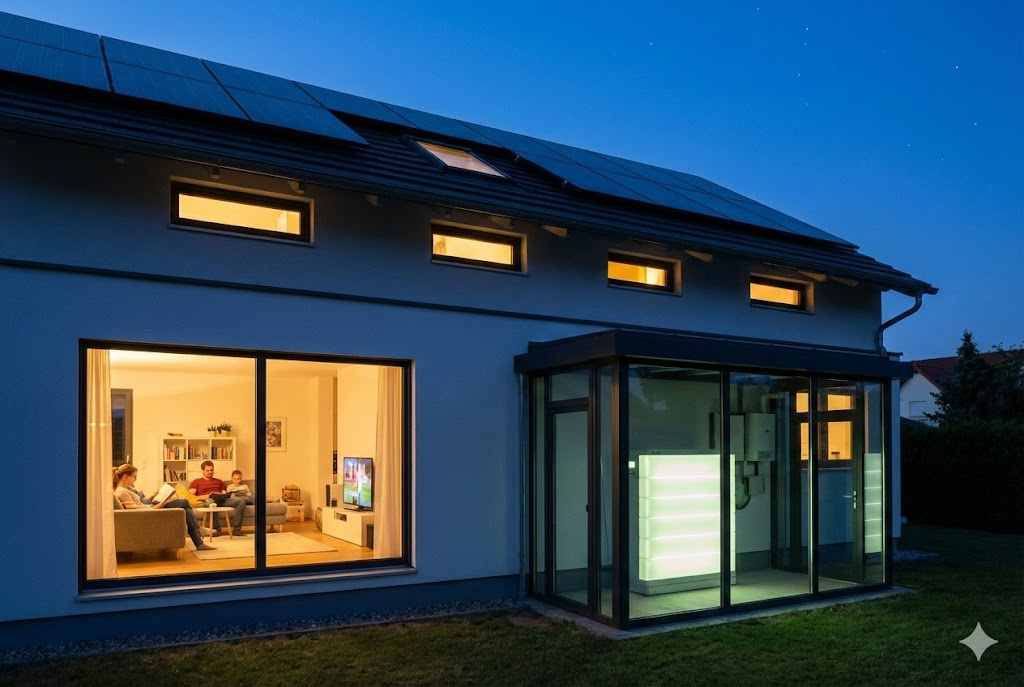 A well-lit home at night with a starry sky, powered by a discreet solar battery system.