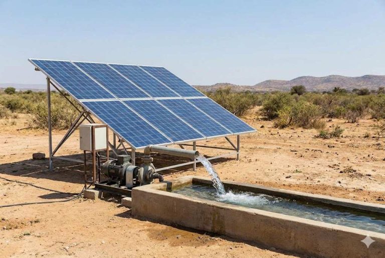 A solar-powered water pumping machine operates in a dry, remote desert landscape. A large ground-mounted solar panel array supplies electricity to a surface pump, which delivers a steady flow of water through a pipe into a concrete livestock or irrigation trough. The system demonstrates how solar technology can power pumping equipment without grid electricity, providing a sustainable solution for rural and off-grid areas. This setup represents the functionality of modern solar pumping machines, including reliable RAFSUN solar pump systems. Keyword: Is there a solar pumping machine?