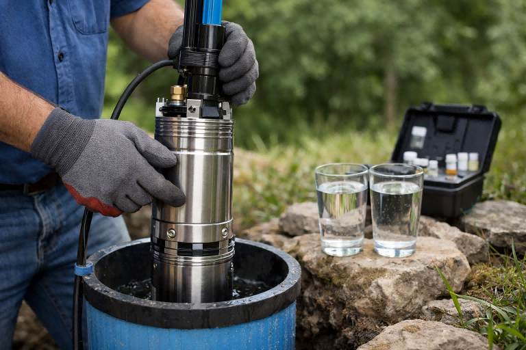 Is a submersible pump safe for drinking water? This image shows a RAFSUN stainless steel submersible pump being carefully installed into a deep well by professional technicians wearing protective gloves. The corrosion-resistant pump body and hermetically sealed motor are designed specifically for potable drinking water applications, helping prevent contamination and maintain water purity. Nearby clear water samples and testing equipment highlight the importance of clean, safe, and certified water supply systems for residential and rural drinking water use.