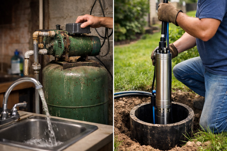 A cutaway view of a modern home with a submersible pump installed in a well, providing water to the house.