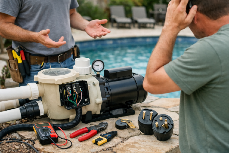 A realistic installation scene showing a technician wiring a RAFSUN pool pump for residential use, illustrating the decision between 110V and 220V operation. The image visually supports the question “Is it better to run a pool pump on 110 or 220?” by highlighting how a dual-voltage RAFSUN pool pump is installed for optimal efficiency, reduced electrical load, and long-term motor reliability, without any visible text or faces.