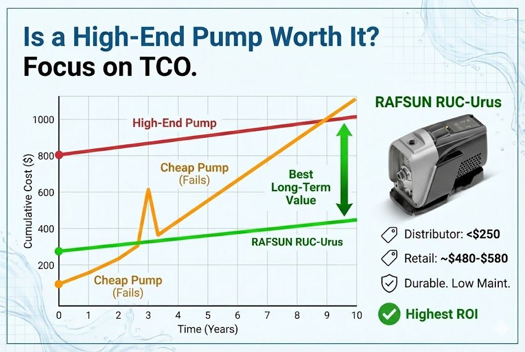 Booster Pump Price and ROI A scale balancing a pump on one side and a stack of money on the other