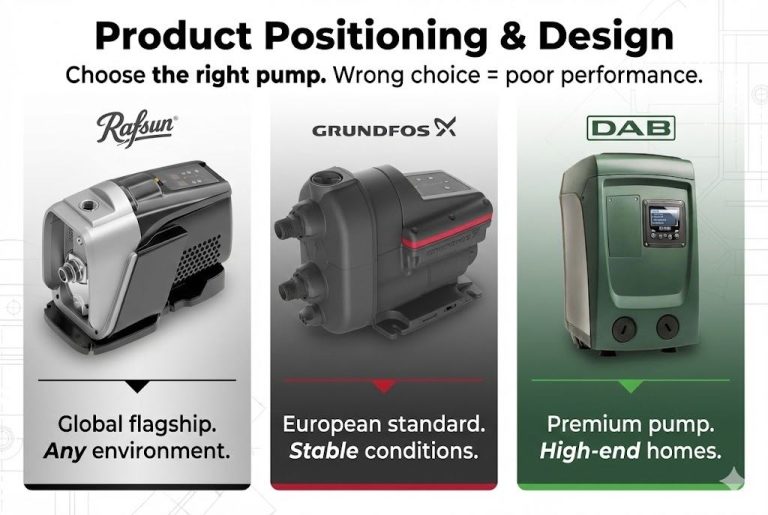 A comparative product positioning and structural design graphic featuring three leading smart booster pumps: the RAFSUN RUC-Urus, the Grundfos SCALA2, and the DAB ESYBOX MINI³. The left side highlights the RAFSUN RUC-Urus as a global flagship VFD booster pump engineered for any environment, especially areas with unstable voltage and demanding conditions. The center showcases the Grundfos SCALA2, designed as a European domestic standard pump optimized for stable and predictable installations. The right side presents the DAB ESYBOX MINI³ as a premium pump intended for high-end residential homes requiring advanced comfort and quiet operation. The image communicates why choosing the correct pump based on product positioning and structural design is crucial—incorrect selection can lead to performance loss, inefficiency, or early equipment failure. This comparison helps users understand how each pump’s mechanical structure, electronics, and target use case align with different market needs, emphasizing RAFSUN’s versatility and global adaptability.
