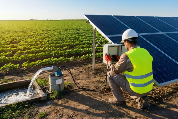 A variety of irrigation pumps operating in different farm settings