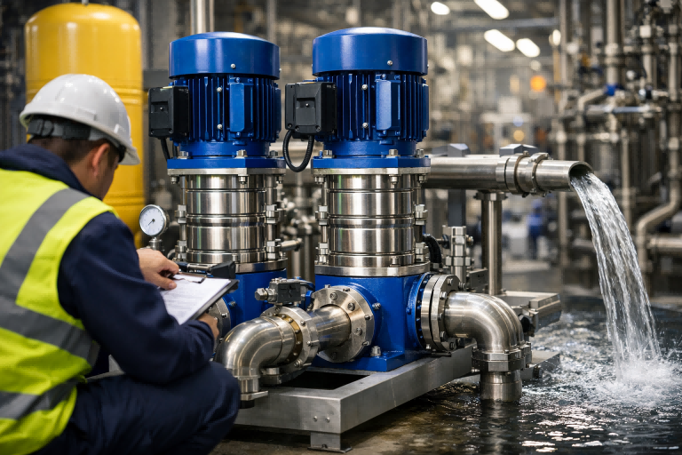 A professional industrial scene showing a RAFSUN multi-stage water pump system installed in a modern mechanical room. The image features stainless steel multistage centrifugal pumps operating under high pressure, with smooth water flow through connected pipelines. A technician wearing safety gear is inspecting pump performance using a clipboard, highlighting the advantages of multi-stage pumps, including higher pressure output, improved energy efficiency, reduced vibration, and reliable operation for demanding applications such as high-rise buildings, industrial water supply, and commercial pumping systems.