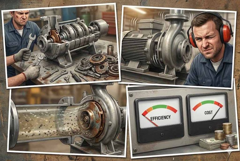 A detailed industrial collage illustrating the disadvantages of multistage pumps, featuring a technician repairing a disassembled multistage pump surrounded by worn parts, another worker inspecting a noisy centrifugal pump, and a cutaway view showing internal wear, rust, and cavitation damage. The final panel displays gauges showing decreasing efficiency and rising operating costs. The image highlights common problems such as complex maintenance, high repair costs, sensitivity to debris, and performance losses. Created for an article answering the question “What are the disadvantages of multistage pumps?” and referencing high-efficiency RAFSUN pump technology.