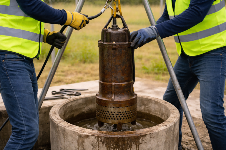 A service truck with a large hoist pulling a submersible pump and a long pipe out of a well.
