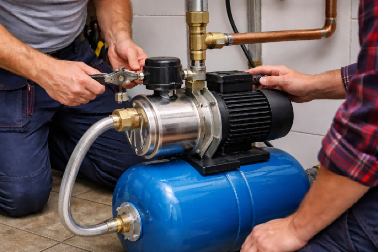 A close-up view of two professional installers working on a RAFSUN water pressure booster pump system in a residential utility space. The image visually explains what is another name for a booster pump, commonly referred to as a water pressure booster or pressure booster, showing how the pump increases water pressure and flow through household plumbing without visible faces or text.
