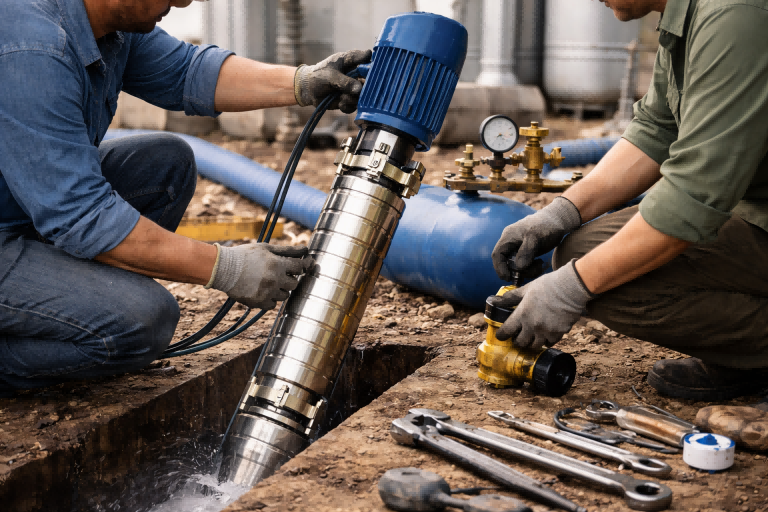 What is a multistage centrifugal pump? Technicians installing a stainless steel multistage centrifugal pump with a blue electric motor in an industrial water system, showing multiple impeller stages on a single shaft designed to build high water pressure, highlighting RAFSUN multistage centrifugal pump solutions for high-rise buildings, boiler feed systems, and industrial applications.