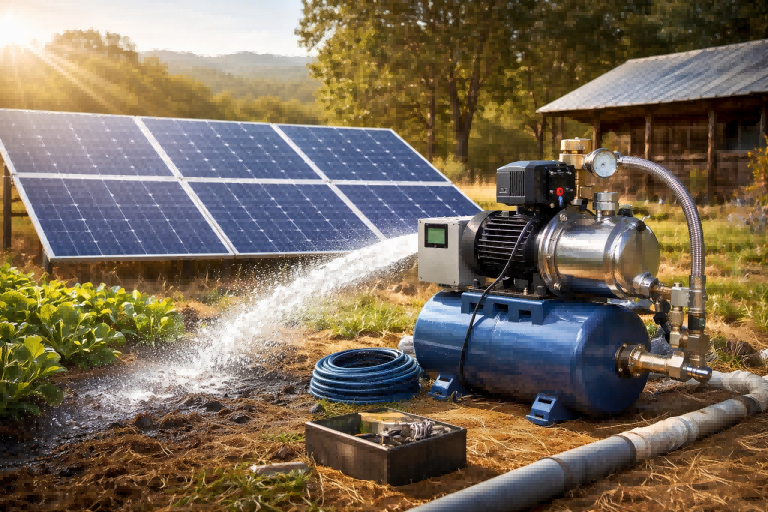 A realistic outdoor off-grid installation shows a solar booster pump system powered by solar panels, delivering strong water flow to irrigation lines near a rural home and garden. The image explains what is a solar booster pump by illustrating how solar energy is used to increase water pressure within an existing pipeline, rather than lifting water from a source. This setup demonstrates how a RAFSUN solar booster pump provides consistent, reliable water pressure for homes, irrigation systems, and livestock in remote locations without grid electricity.