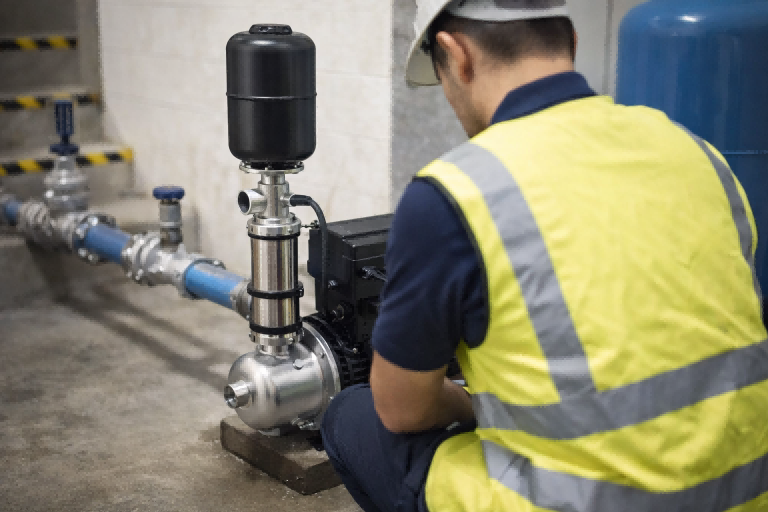 What is a vertical multistage pump? A professional technician inspects a RAFSUN vertical multistage pump installed in a building water boosting system, featuring a stainless steel multi-impeller design, compact vertical structure, pressure tank connection, and high-pressure centrifugal performance for efficient water supply and pressure boosting applications.
