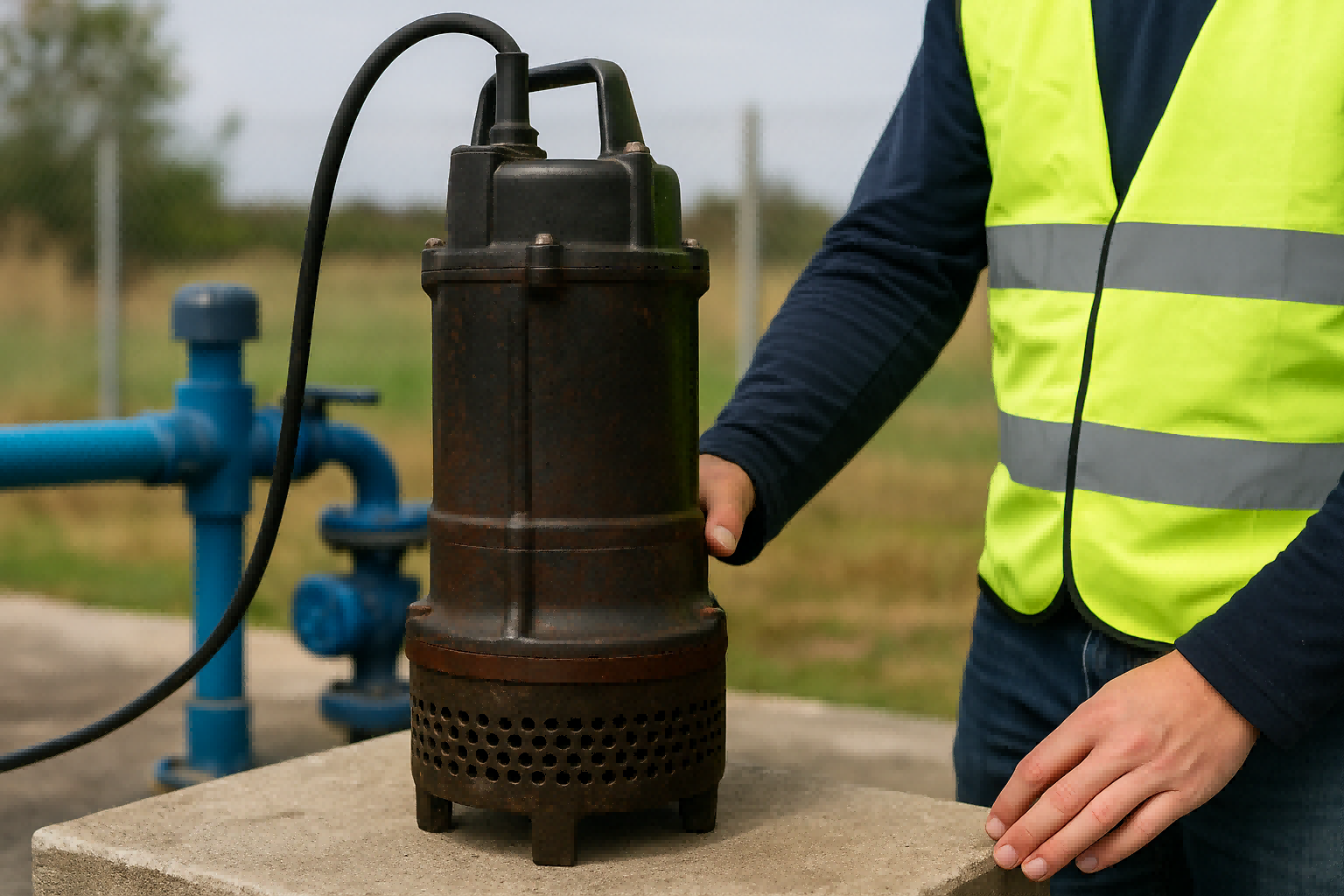 A submersible well pump being lowered into a well casing against a sunset backdrop