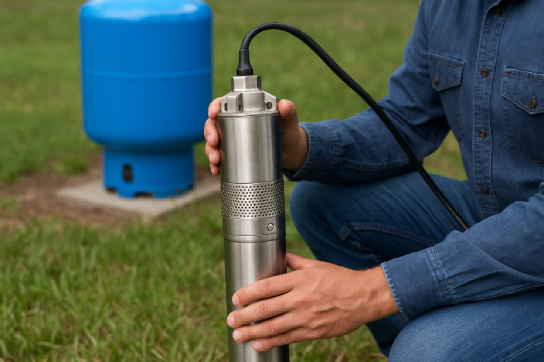 A technician wearing a denim shirt kneels on the grass while inspecting a stainless-steel RAFSUN submersible well pump, holding the pump securely with both hands. In the background, a blue pressure tank stands slightly out of focus, indicating a typical residential well system setup. This realistic scene illustrates the question “What is the average lifespan of a well pump?” by showing professional maintenance of durable RAFSUN pumping equipment, which helps extend service life and ensure long-term reliability.