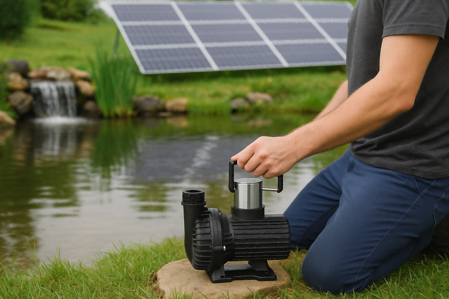 A vibrant pond with a solar pump powering a waterfall.