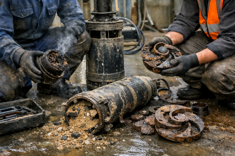 An illustration showing common submersible pump failure points like a clogged impeller and a burnt-out motor