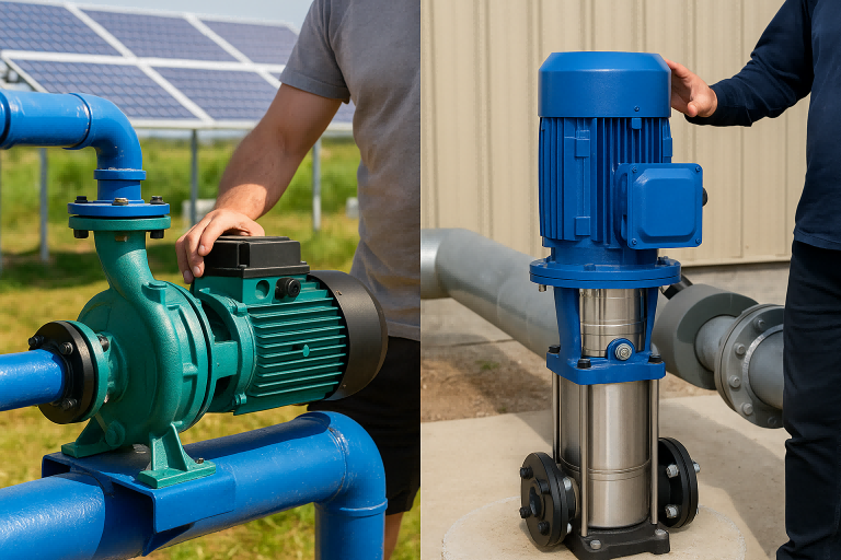 An inline pump compared to a vertical pump, showing the difference in orientation and footprint.