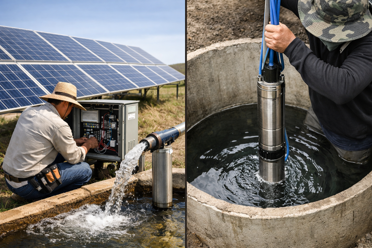 A side-by-side comparison image showing the difference between a solar pump system and a submersible pump, featuring RAFSUN pump equipment. On the left, a technician works beside large solar panels powering a surface pump that delivers water through an open channel—illustrating how a solar pump uses solar energy as its power source. On the right, another worker installs a stainless-steel submersible pump into a deep well, demonstrating how submersible pumps operate fully underwater to lift water from below ground. This image visually explains the core question: What is the difference between solar pump and submersible pump? while highlighting RAFSUN’s professional pump solutions. No text appears in the image, and the workers’ faces are not shown.