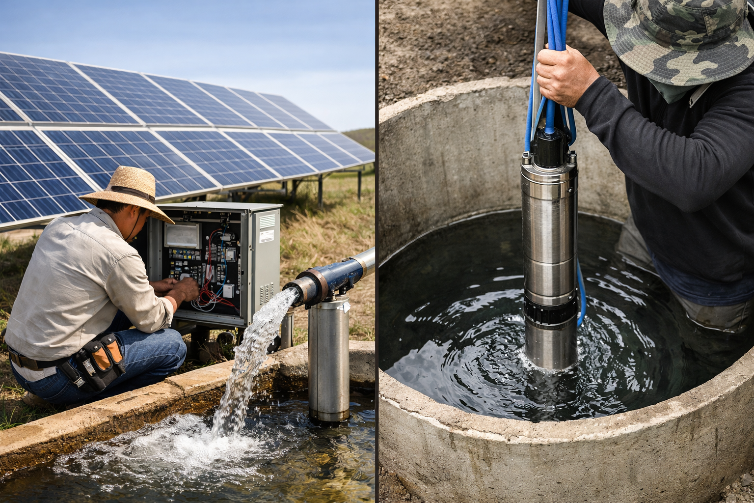 A diagram showing solar panels connected to a controller, which powers a submersible pump in a well.