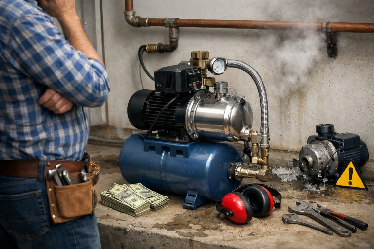A realistic indoor scene shows a technician standing thoughtfully beside a residential booster pump system, inspecting the installation without revealing their face. The image highlights common concerns related to booster pumps, such as installation cost, energy consumption, operational noise, and performance risks caused by incorrect pump selection. This visual explanation helps illustrate what is the disadvantage of a booster pump and why proper sizing and professional installation are critical for long-term reliability, as demonstrated by RAFSUN water booster pump solutions.