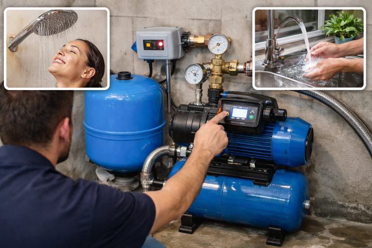 What is the main purpose of a booster pump illustrated in a residential plumbing system using a RAFSUN booster pump to increase water pressure and flow rate. The image shows a technician adjusting a booster pump with a pressure tank and gauges, while household water outlets such as a shower and kitchen faucet deliver strong, consistent water flow. This demonstrates how a booster pump solves low water pressure problems by elevating insufficient pressure to a stable level, improving daily comfort, system performance, and water supply reliability throughout the home.