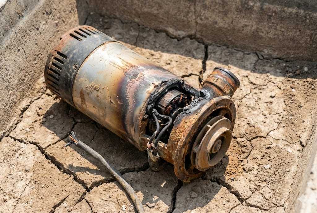 A failed water pump being pulled out of a well.