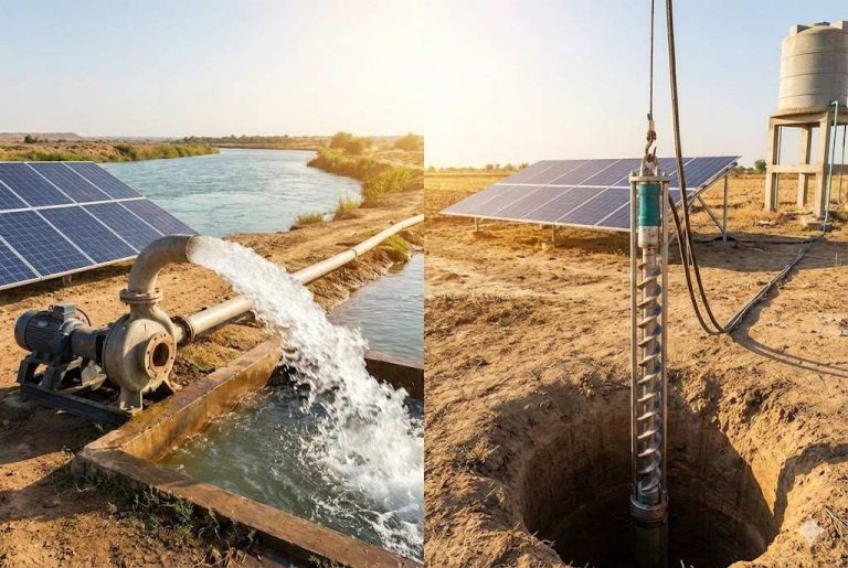 A high-capacity solar water pumping system is shown operating in an agricultural environment, featuring large solar panel arrays powering two types of pumps: a surface centrifugal pump delivering a strong flow of water from a canal, and a deep-well helical rotor pump being lowered into a borehole. The bright sunlight highlights the system’s ability to produce high water output for irrigation and storage tanks. This setup demonstrates how modern solar technology supports powerful pumping solutions, including advanced RAFSUN solar pump models designed for deep wells and large-scale irrigation. Keyword: What is the most powerful solar water pump?