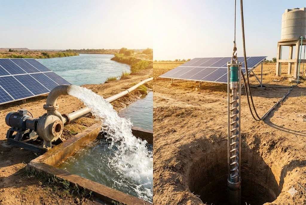 A powerful solar water pump system running at full capacity in a sunny field.