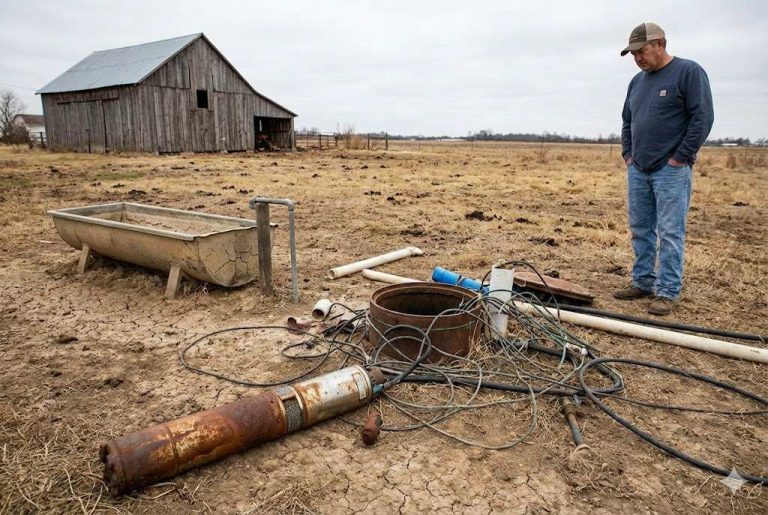 A man stands beside a dry, cracked field inspecting an old, rusted submersible pump and tangled wiring removed from a deteriorating well system. The worn-out components, corroded metal casing, and scattered PVC pipes highlight common problems associated with pump systems—such as corrosion, mechanical wear, electrical cable failure, and reduced performance over time. The scene visually demonstrates the negative side of pump ownership when outdated or low-quality models are used, emphasizing the importance of durable, high-quality alternatives like RAFSUN pumps. Keyword: What is the negative side of a pump?
