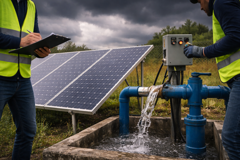 A solar water pump system under a dark, cloudy sky with no sun visible.