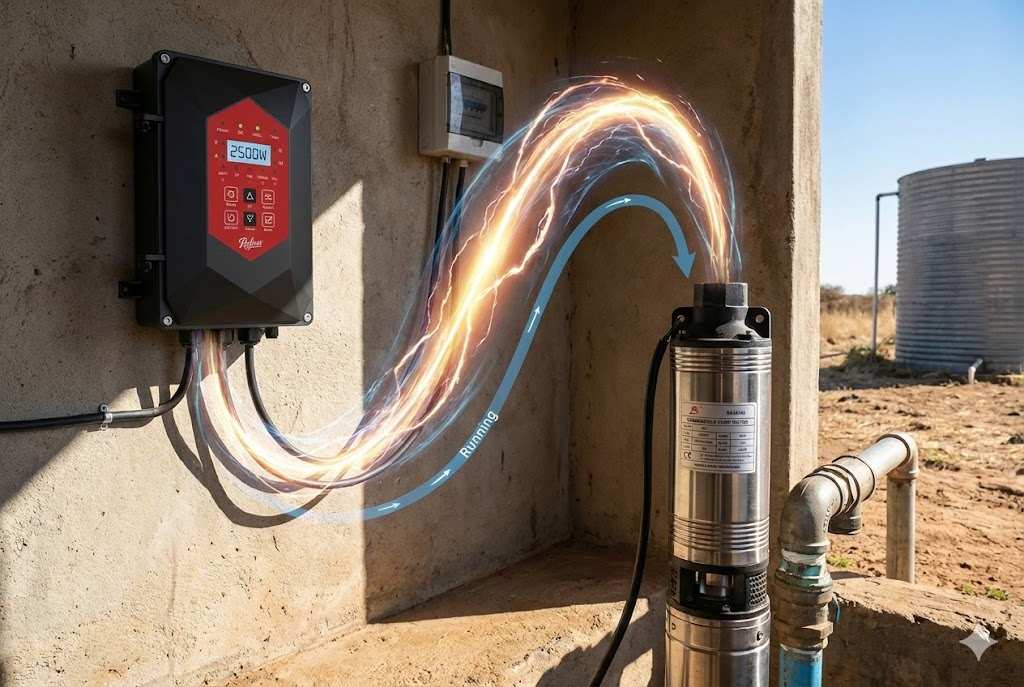 An infographic showing the difference between a pump's running watts and its high starting watts.