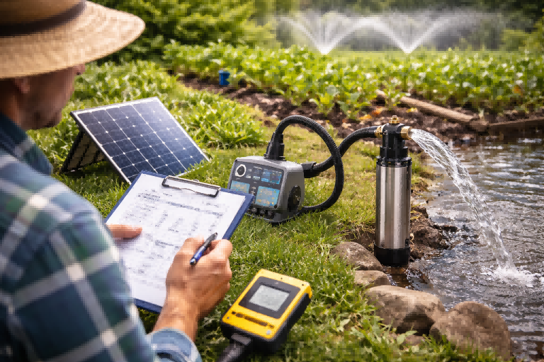 A practical garden irrigation scene showing a RAFSUN solar-powered submersible water pump being sized for efficient irrigation. The image features a small stainless steel submersible pump delivering a steady flow of water from a pond, connected to a solar panel and controller, while a gardener records flow rate and pressure data on a clipboard. Sprinklers operate evenly in the background, and the person’s face is not visible. This visual explains what size pump is needed for garden irrigation by matching required flow rate and total dynamic head, highlighting why a small solar submersible pump is an efficient and reliable choice for gardens.