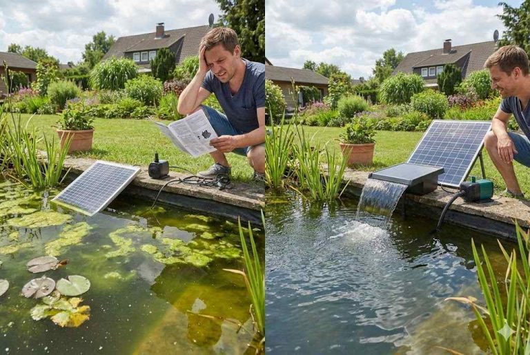 This side-by-side comparison image shows a homeowner evaluating pond performance before and after installing a RAFSUN solar pump. On the left, the man looks frustrated while reading a manual beside a pond with stagnant, algae-covered water and an undersized pump system. On the right, the upgraded RAFSUN solar pond pump provides strong water circulation, creating a clean waterfall effect and dramatically improving pond clarity. A large solar panel powers the system efficiently in bright sunlight, demonstrating how choosing the correct pump size transforms pond health and water quality. The image visually supports the question “What size solar pump do I need for my pond?” by showing the difference between an inadequate setup and a properly sized RAFSUN solar pump delivering optimal flow and aeration.