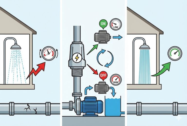 This illustration explains the function of the pressure switch in a RAFSUN booster pump system, showing how low household water pressure triggers the switch to turn the pump on, and how reaching high pressure signals it to turn the pump off. The left panel shows weak shower flow and unstable pressure, the center panel highlights the pressure switch responding to low and high pressure levels to control the RAFSUN pump, and the right panel shows restored strong and consistent water pressure after proper pressure switch operation. Designed to visually demonstrate how a booster pump pressure switch protects plumbing, maintains stable pressure, and ensures reliable performance.