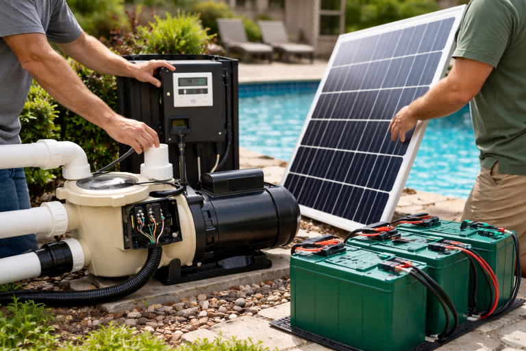 A professional installation scene showing technicians setting up a RAFSUN solar-powered DC pool pump system beside a residential swimming pool. The image visually explains “What is the cheapest way to run a pool pump?” by highlighting a high-efficiency solar pool pump connected to photovoltaic panels and a hybrid controller, demonstrating how RAFSUN pool pumps reduce electricity costs, maximize renewable energy use, and provide reliable, low-cost pool circulation without visible text or faces.