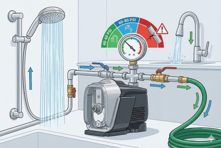 "Detailed illustration of a RAFSUN booster pump installed in a household plumbing system, showing water flow to a shower, faucet, and outdoor hose. A pressure gauge highlights the normal booster pump operating range of 40–60 PSI, with indicators for safe, optimal, and over-pressure zones. Arrows display inlet and outlet flow directions, helping explain what is the normal pressure for a booster pump and how a RAFSUN pump maintains stable, consistent water pressure throughout the home."
