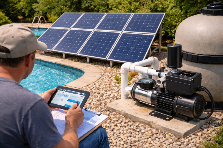 What size solar system do I need to run a pool pump? A professional technician evaluates a RAFSUN high-efficiency variable-speed pool pump installed beside a residential swimming pool, powered by a dedicated solar panel system. The image shows multiple solar panels supplying clean energy to a modern DC pool pump, demonstrating how proper solar system sizing depends on pump wattage and efficiency to ensure reliable pool circulation while reducing electricity costs.