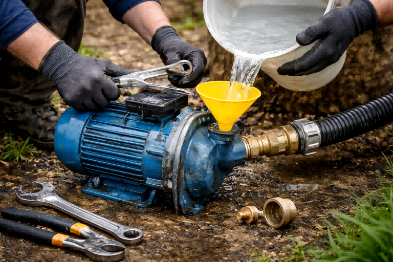 A person pouring water into the priming port of a surface water pump