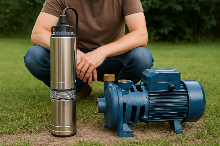 A split-screen image showing a submersible pump inside a well and a surface pump next to a pond.