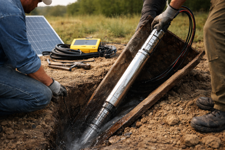 Which pump is most suitable for a deep and titled bore? Technicians installing a solar screw pump into a deep, angled borehole in a rural environment, demonstrating reliable water lifting for tilted and abrasive wells, highlighting the positive displacement design and durability of RAFSUN solar borehole pump solutions.