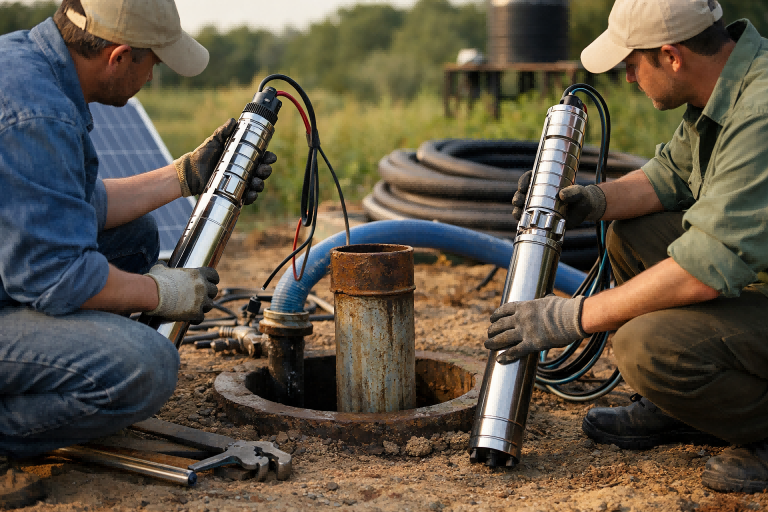 Which pump is used for a 200 feet borewell? A realistic field installation scene showing technicians comparing a solar screw pump and a multi-stage centrifugal pump beside a deep borewell, illustrating high-head water lifting and flow selection for a 200-foot well, highlighting RAFSUN borehole pump solutions for different water volumes and water quality conditions.