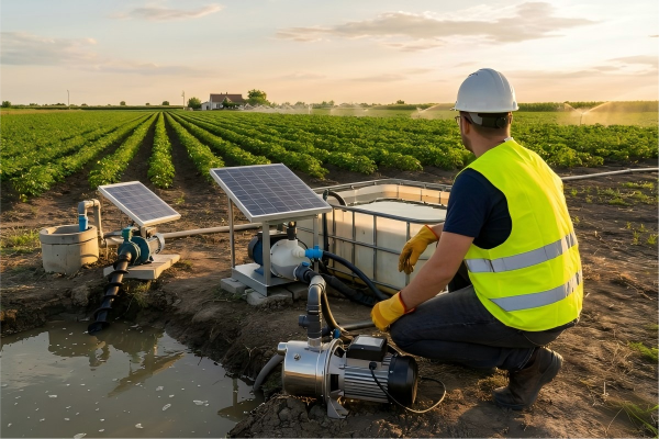 A collage of different types of irrigation pumps in action