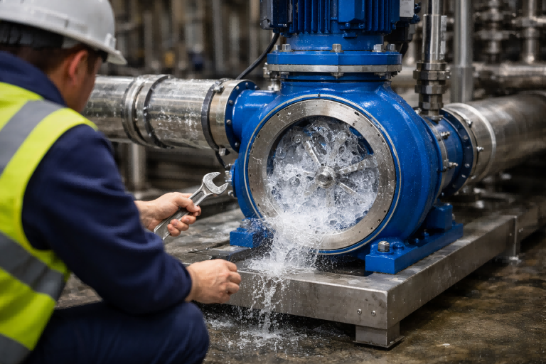 A detailed industrial scene showing a RAFSUN centrifugal water pump experiencing airlock inside a mechanical room. The image features a blue centrifugal pump with visible turbulence and trapped air bubbles inside the casing, while a technician wearing safety equipment inspects the system without revealing his face. This visual explains why a centrifugal pump cannot handle air, as air is far less dense than water, preventing the impeller from generating sufficient centrifugal force to create suction, resulting in loss of prime, airlock, and complete flow failure in water pumping systems.