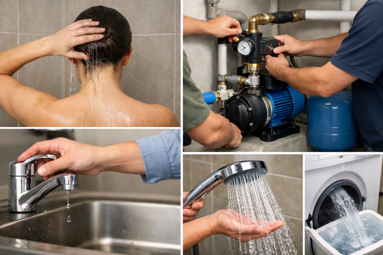 Why do we use a booster pump? This image illustrates the problem of low water pressure with weak showers and dripping taps, contrasted with a RAFSUN booster pump system installed by technicians to increase water pressure and flow rate. The booster pump delivers strong, consistent water supply to showers, faucets, washing machines, and household plumbing systems in residential, farm, and commercial buildings.