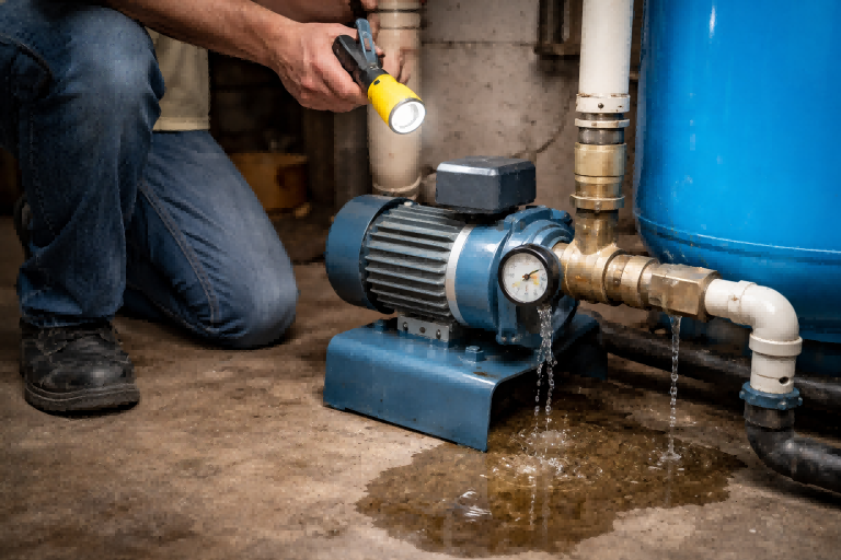 Why does my water pump come on when no water is being used? A RAFSUN water pump system being inspected by a technician in a basement setting, showing a pressure loss scenario with visible water leakage near the pump and pressure tank connections. The image illustrates how plumbing leaks, faulty check valves, or pressure tank issues can cause a pump to cycle unexpectedly even when no water is in use.