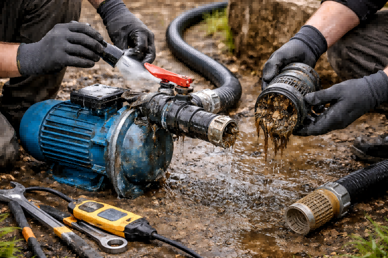 A cutaway view of a water pump showing the impeller chamber potentially filled with air