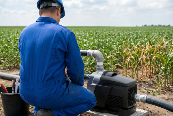 Engineer performing maintenance on a RAFSUN booster pump system near crops, identifying signs of blockage and showing how to tell if your water pump is clogged to prevent motor overheating.