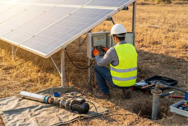 An overview diagram showing the three main components of a solar water pump system