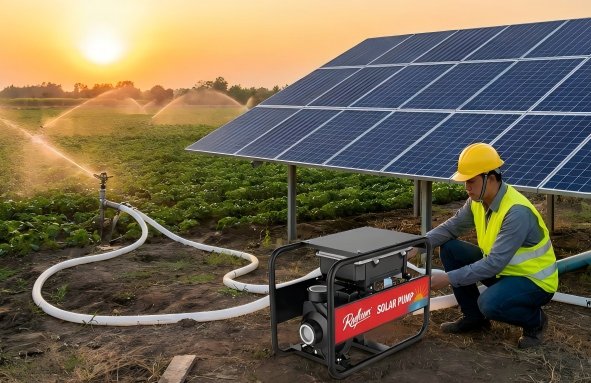 A technician wearing a hard hat and high-visibility yellow safety vest kneels in a lush green agricultural field during a golden sunset, inspecting a black framed RAFSUN branded solar water pump. The pump is connected to white supply hoses leading to active sprinklers spraying water over crops in the background. Adjacent to the technician is a large ground-mounted solar panel array powering the system, creating a visual answer to the question: "Can solar water pumps be used for irrigation?".